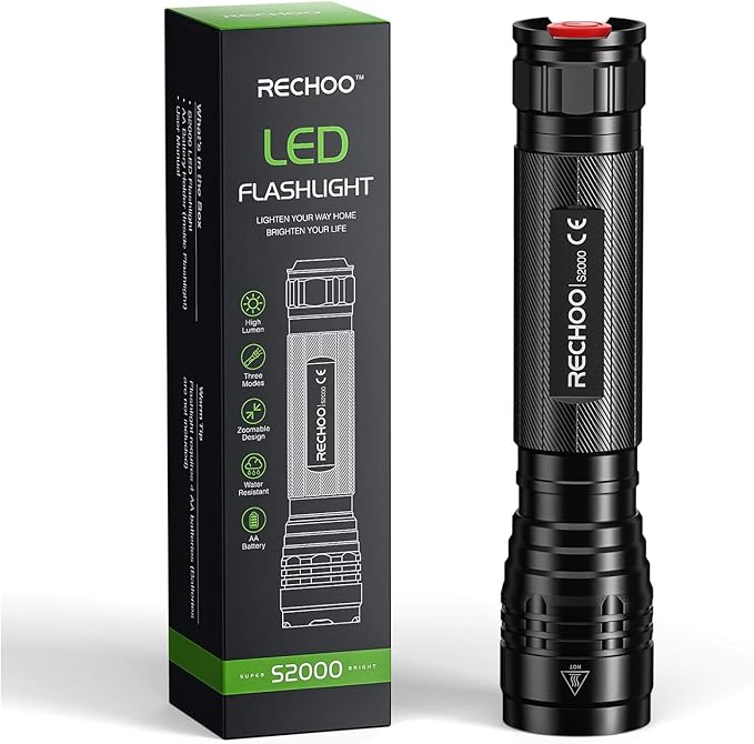 RECHOO S2000 LED Flashlight High Lumens, Super Bright, Powerful, Mid-Size Tactical Flashlight with 3 Modes, Zoomable, Water Resistant Flashlights for Home, Emergencies, Camping, Outdoor Use