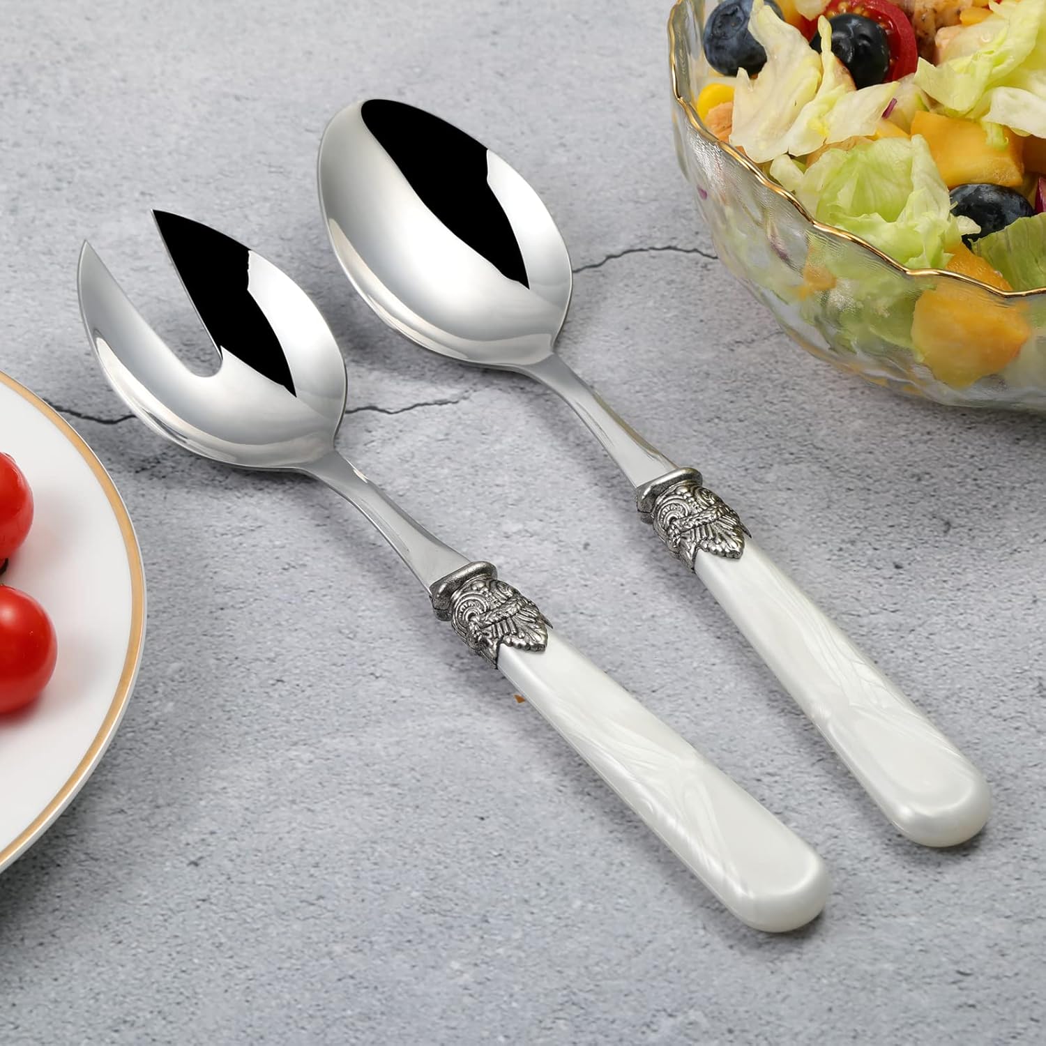 2-piece Salad Servers Stainless Steel Salad Serving Set Salad Fork and Spoon (White)