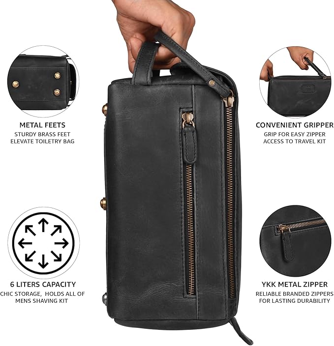 LEATHER VILLAGE Premium Leather Travel Toiletry Bag - Unisex Water-Resistant Travel Dopp Kit, Shaving & Cosmetic Organizer for Men & Women - Compact Bathroom Essentials - Distressed Black