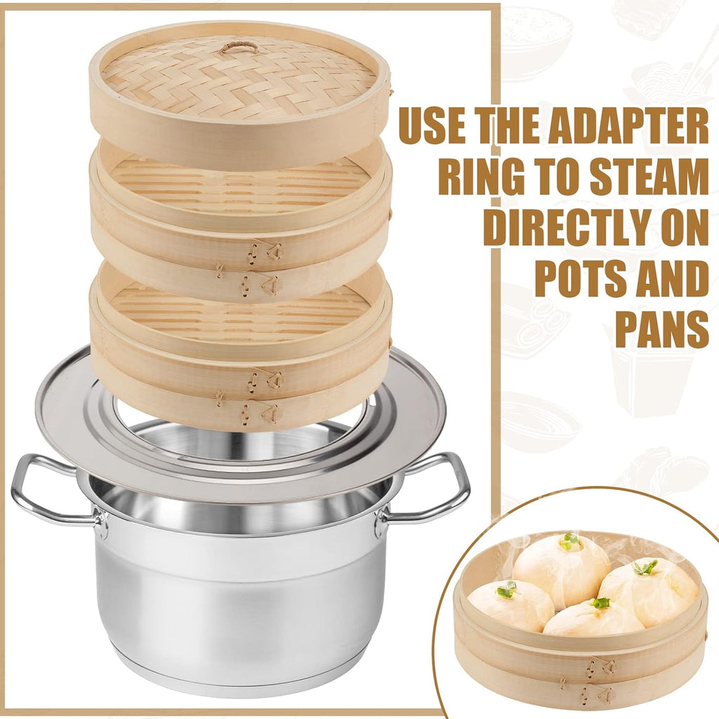 Tessco for you 59 Pcs 2 Tier 10 Inch Bamboo Steamer Basket Set Including Bamboo Steamer Stainless Steel Ring Dumpling Maker Mold and Cutter Spoon 2 Pair Chopsticks 2 Sauce Dish 50 Paper Liners