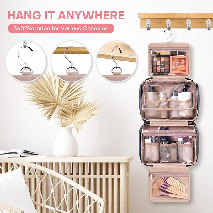 Travel Size Toiletry Bag for Women, Portable Cosmetic Bag with Hanging Hook, Travel Essentials Water-resistant Makeup Organizer for Accessories, Shampoo, Full-size Container, Toiletries