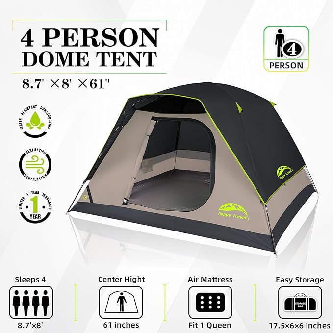 Happy Travel Camping Tent, 4 Person Dome Tents for Camping with Rainfly, Waterproof Clip Easy Setup Portable Family Tent with Mesh Windows, 20% More Headroom Backpacking Tents for Camping & Hiking