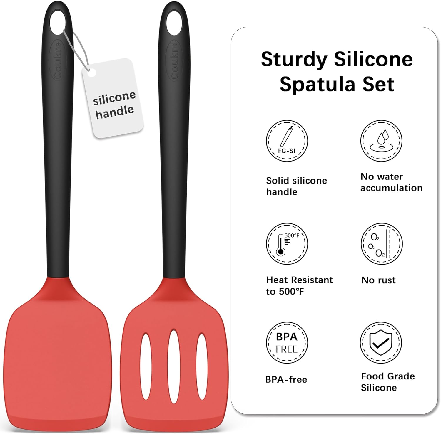 Coukre 2 Pack Silicone Spatula Set, High Heat Resistant, BPA Free Kitchen Spatula, Solid & Slotted Turner for Non-Stick Pans, Sautéing, and Flipping (2, Red)