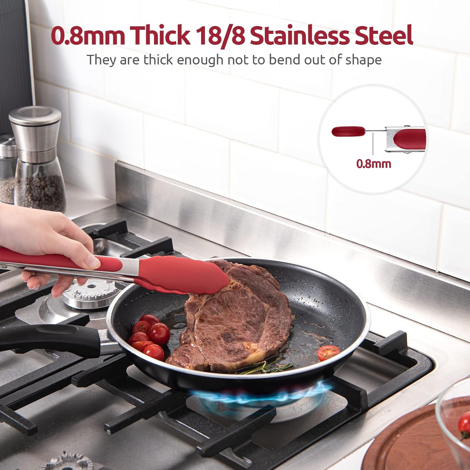 Heat Resistant Silicone Kitchen Tong: U-Taste 9 inch 480ºF Hot Proof Cooking Tong with Firm Sealed Non Stick Rubber Tips & Silicon Coated Steel Handle & Smooth Locking for Serving Grill Salad (Red)