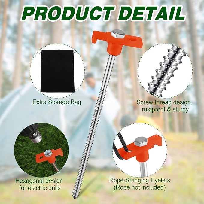 Tandefio 20 Pcs 8 Inch Screw in Tent Stakes Heavy Duty Drill in Ground Anchor Pegs Metal Stakes Screws Hex Pegs Drillable Camping Threaded Tent Spike with Hex Head Driver (Orange)