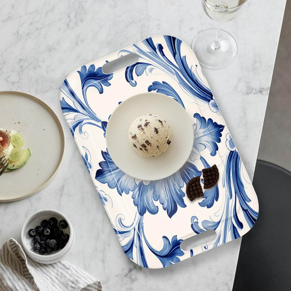 Serving Trays with Handles, 14.5 x 9.8 inch Rectangular Plastic Tray for Restaurant, Kitchen, Blue and White Pattern