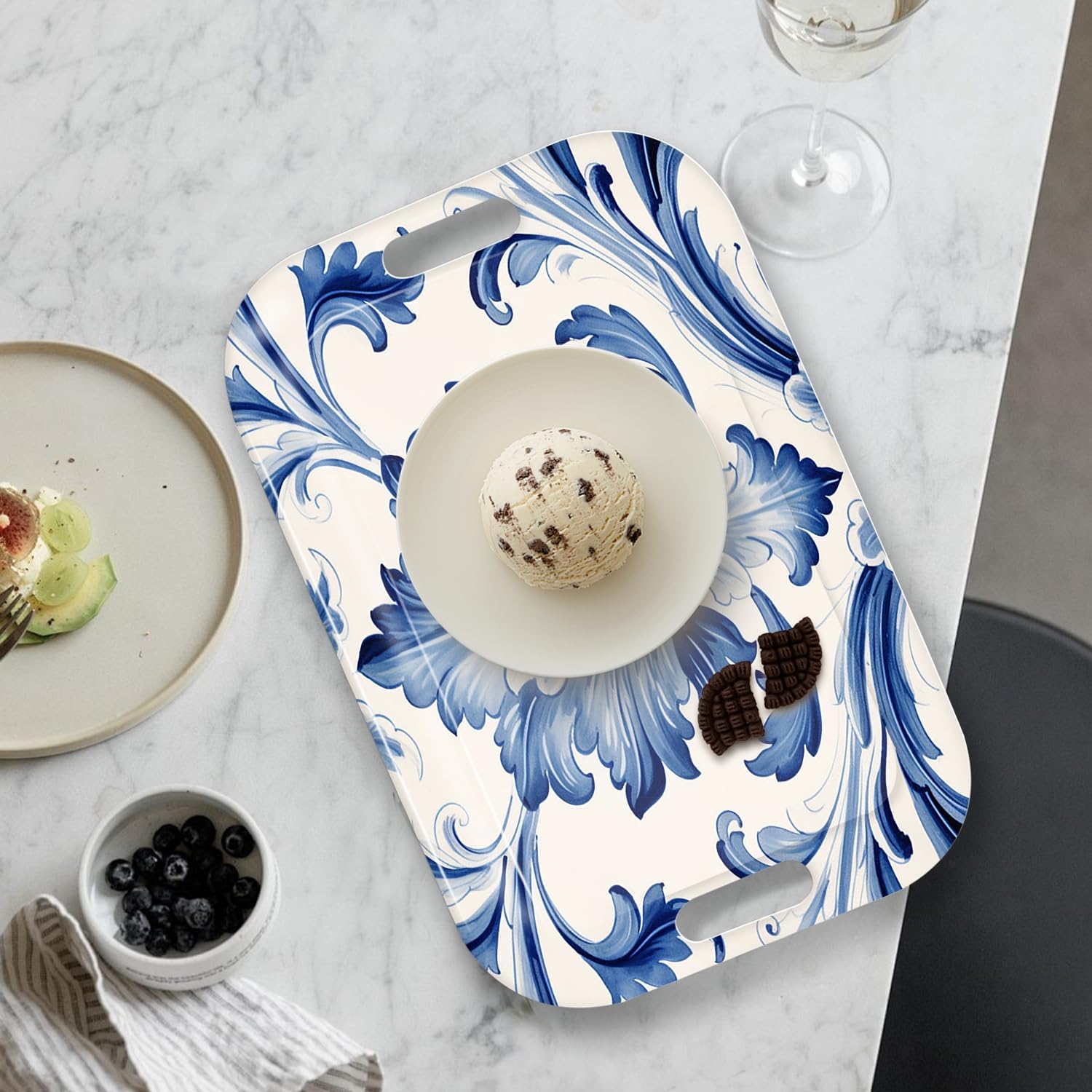 Serving Trays with Handles, 14.5 x 9.8 inch Rectangular Plastic Tray for Restaurant, Kitchen, Blue and White Pattern