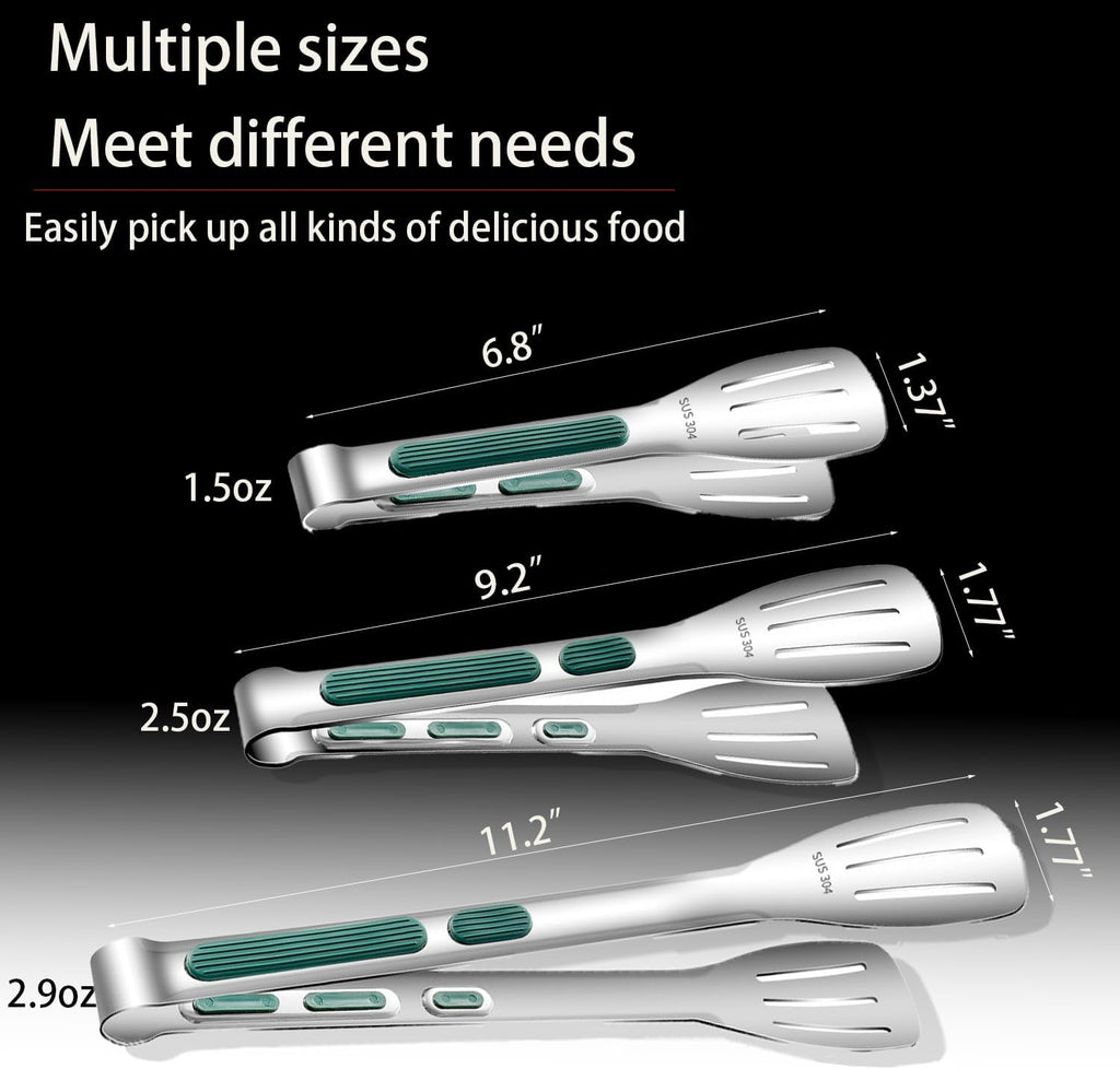 Stainless Steel Kitchen Tong Set - Anti-Slip Heat-Resistant Grip, Widened 3-Line Slotted Heads for Easy Clamping (Steaks, BBQ, Pasta, Salads), Easy Clean 3-Piece Set (6/9/11 Inches) for Versatile Use