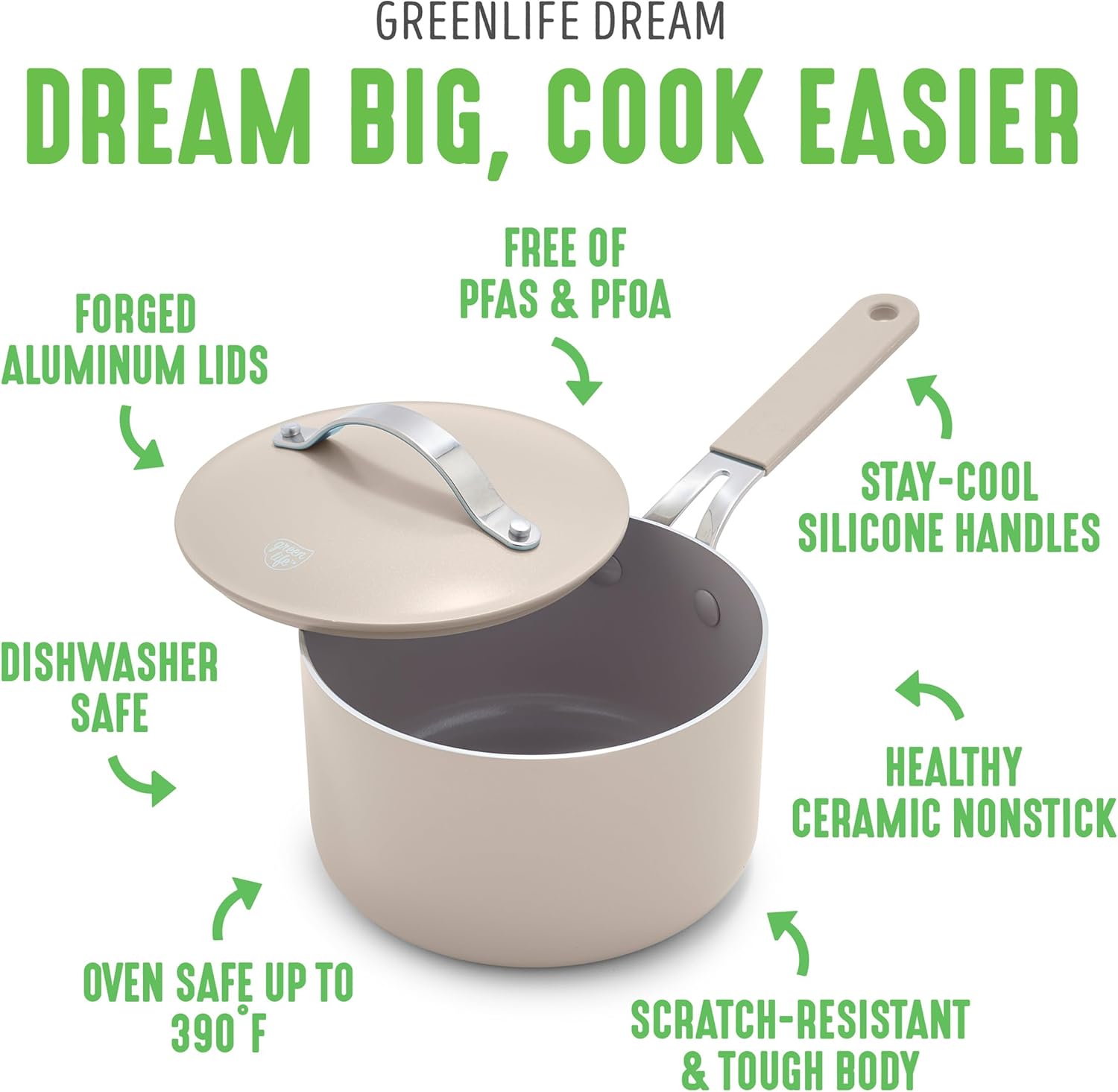 GreenLife 2 Quart Nonstick Saucepan with Lid, Lightweight Healthy PFAS-Free Milk Pan, Dishwasher & Oven Safe Soup Pan, Durable Body, Silicone Stay-Cool Handle, Easy Release Chef’s Pan, Taupe