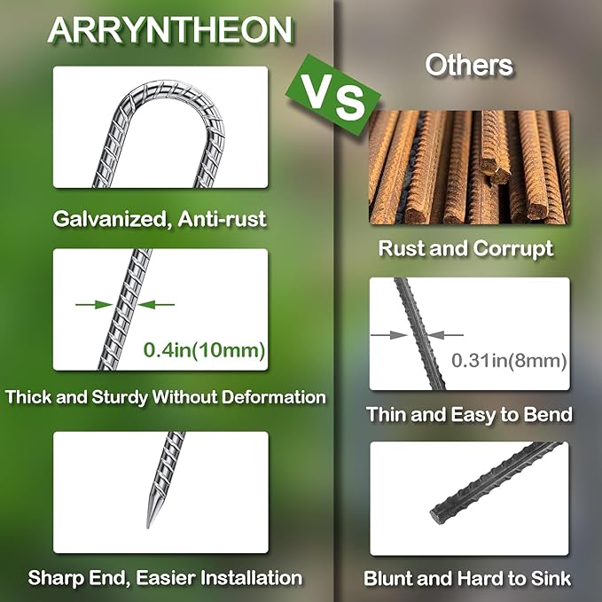 Rebar Stakes 12 Inch 10 Pack Tent Stakes Heavy Duty Metal J Hook, Fence Stakes for Trampoline, Fence, Camping Tent (17, J-16 x2/5")