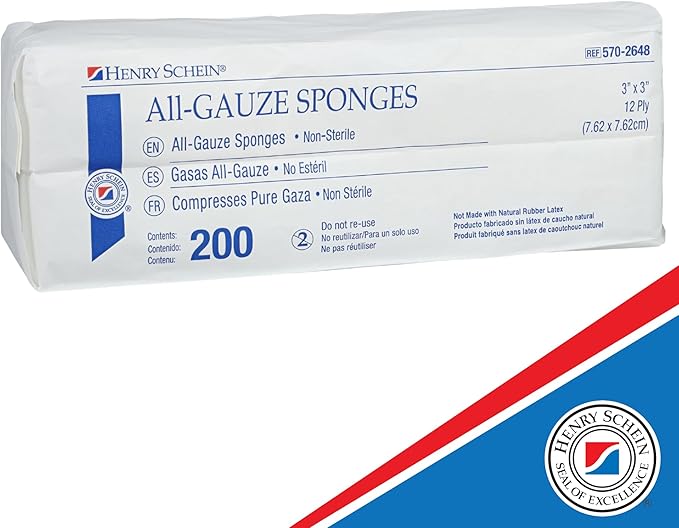 200/Pack Non-Sterile Gauze Pads 3’’ x 3’’ for Wound Dressing Gauze Sponge-Pads for Wound Care & Home First Aid Kits -12-Ply - 100% Cotton & Highly Absorbent