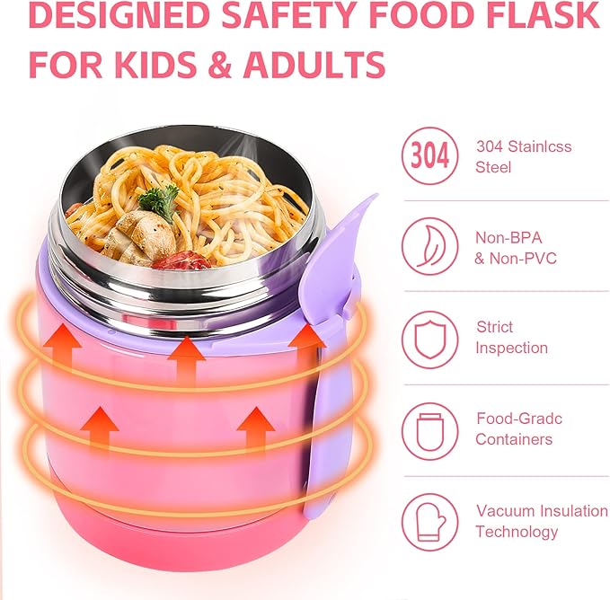 10oz Insulated Food Jar, Thermo for Hot Food Lunch Container, Stainless Steel Lunch Box for Kids with Spoon (Pink)