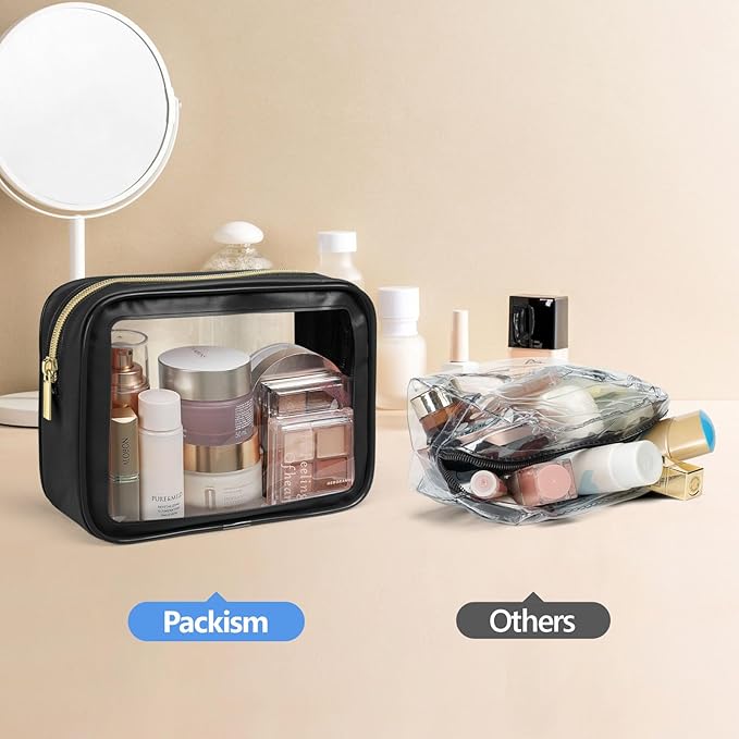 PACKISM TSA Approved Toiletry Bag - 2 Pack Upgrade Color-Edged Clear Makeup Bag, Clear Toiletry Bag For Traveling Fits Various Storage Needs, Black/Pink (2 Sizes)