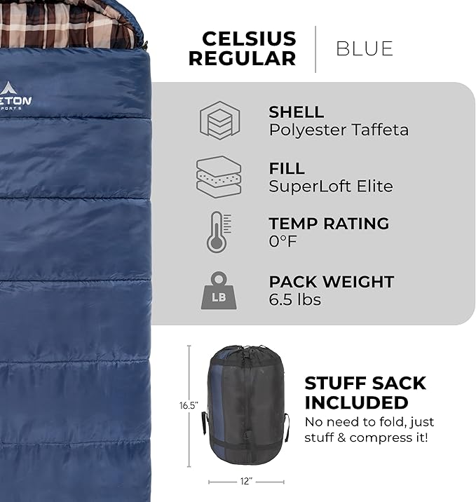 TETON Celsius XL, -25F, 20F, 0F Degree Sleeping Bags, All Weather Warm Sleeping Bag for Adults and Kids, Camping Season, Compression Sack Included