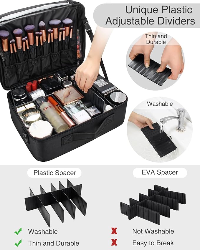 Relavel Makeup Case Extra Large Makeup Bag for Women Travel Makeup Artist Box Nail Polish Cosmetic Brush Storage Organizer with Adjustable Plastic Dividers Black