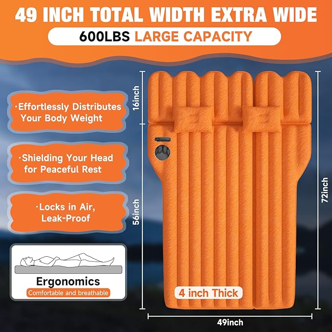 SUV Air Mattress: Inflatable Car Air Mattress for Camping, Flocking Car Bed with Air Pump & 2 Pillows, Portable Sleeping Pad Mattress for Home Car Travel Camping Orange