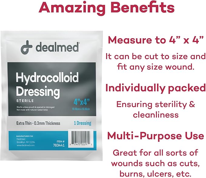 Dealmed Hydrocolloid Dressings – 4” x 4” Extra Thin Hydrocolloid Bandages, Wound Care Products for First Aid Kits, Box of 10, 24 Per Case and Individually Packed