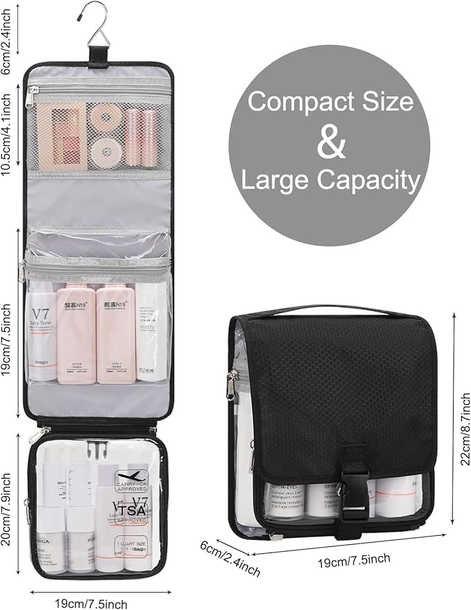 Relavel Travel Toiletry Bag for women with Detachable TSA Approved Toiletry Bag, Compact Hanging toiletry bag with Small Carry On 3-1-1 Clear Waterproof Travel Bags for Toiletries