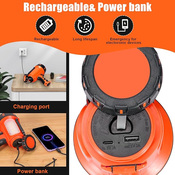 Super Bright Rechargeable Spotlight Handheld Rechargeable LED Flashlight Tactical Searchlight with USB Output 6 Light Modes Camping Light (Orange)