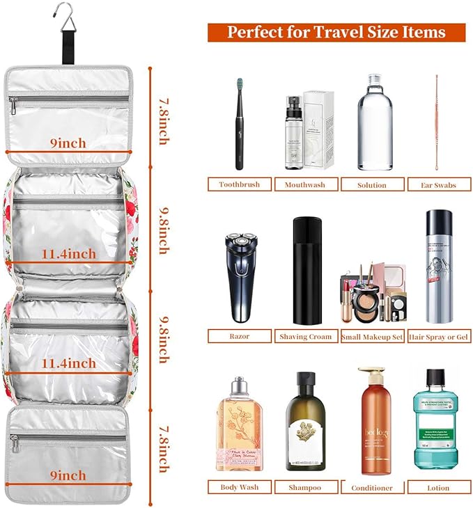 Hanging Travel Toiletry Bag,Large Capacity Cosmetic Travel Toiletry Organizer for Women with 4 Compartments & 1 Sturdy Hook,Perfect for Travel/Daily Use/Christmas