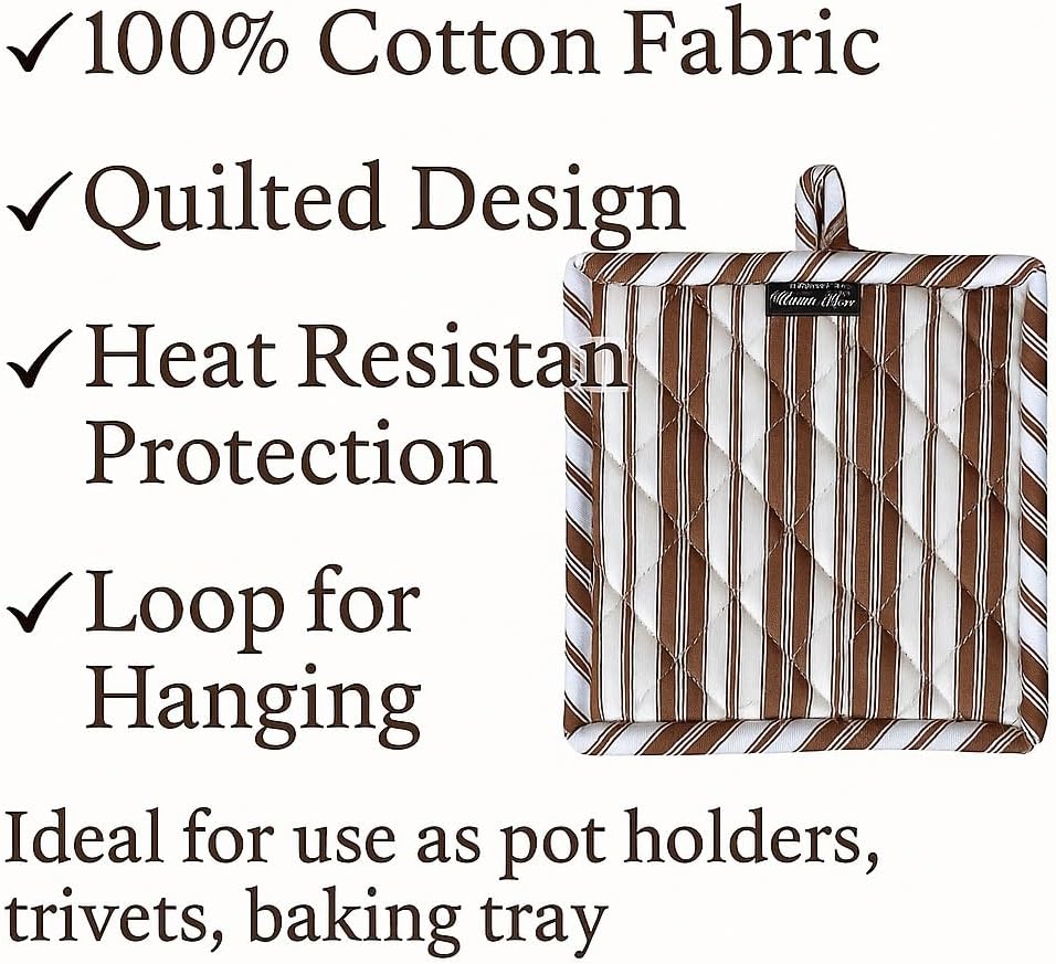 AMOUR INFINI Double Stripe Pot Holders Heat Resistant Cotton Set of 3 Nonslip 8"x8" Inch Hot Pads for Kitchen, BBQ, Baking & Cooking with Hanging Loops (Brown)