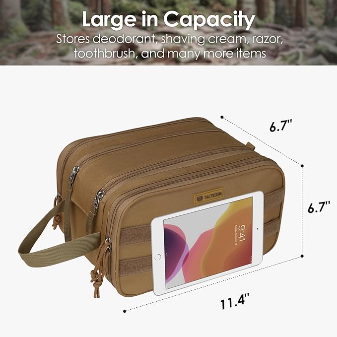 TACTICISM Toiletry Bag for Men - Extra Large Dry Wet Separate Travel Toiletry Bag, Tactical Molle Dopp Kit for Men, Water-Resistant Shaving Bag for Travel Camping Gym, Brown