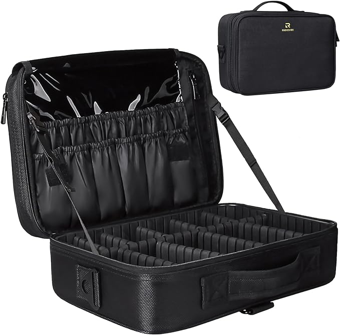 Relavel Travel Makeup Train Case Makeup Cosmetic Case Organizer Portable Artist Storage Bag with Adjustable Dividers for Cosmetics Makeup Brushes Toiletry (medium black)