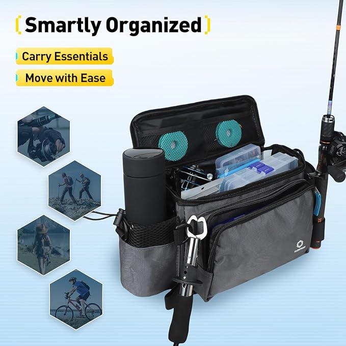 Small Fishing Bag with Rod Strap, Small Tackle Bag – Tackle Boxes & Gear,Portable & Lightweight, Move Freely, Cast Smoothly - Fishing Gifts for Men (Large - Dark Grey)
