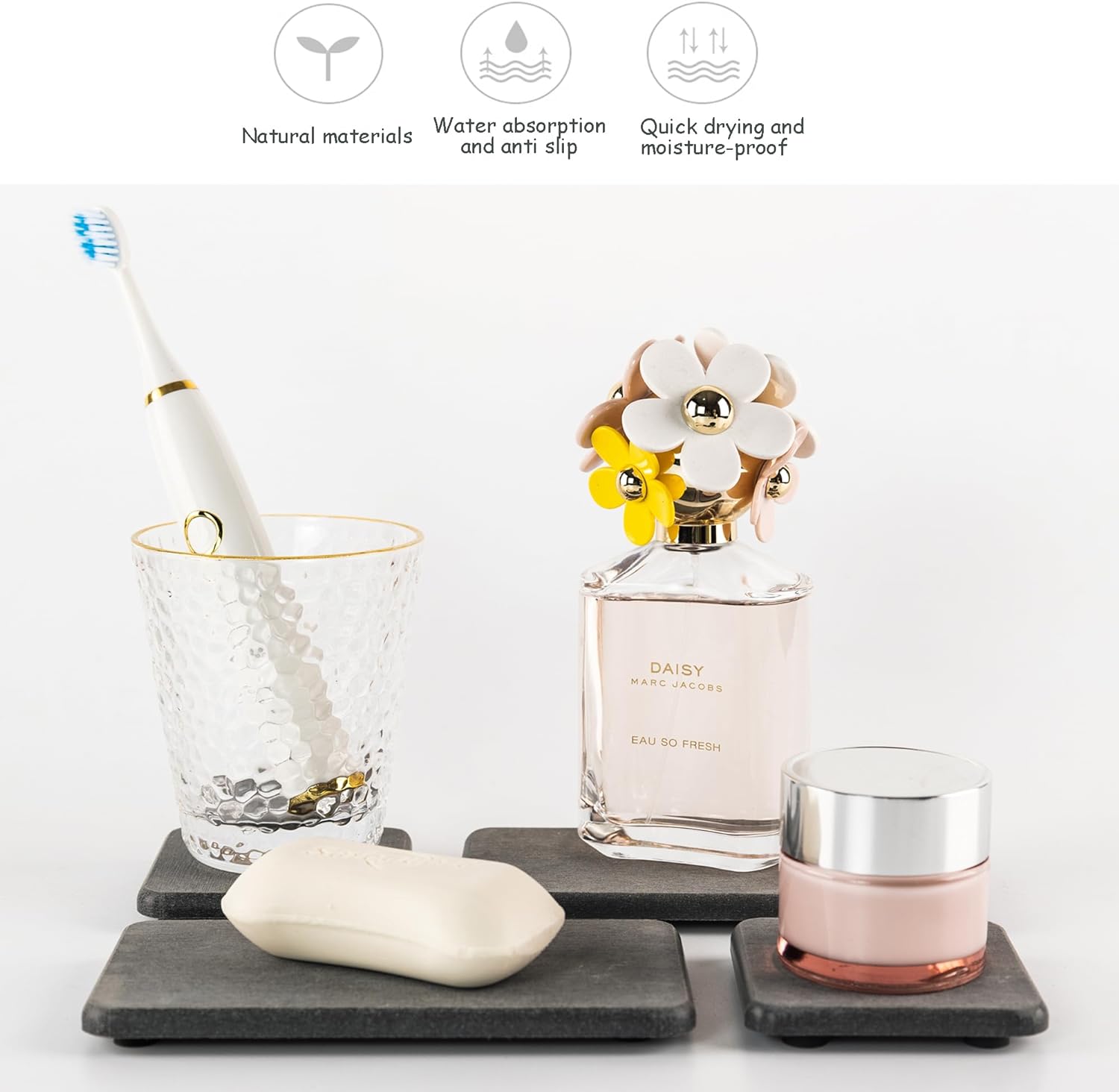 2 Pcs Water Absorbing Stone Trays, Kitchen/Bathroom Sink Soap Dish, Diatomite Tray Used for Hand Soap & Cosmetic Bottles in The Modern Home, 3.15" W x 6.3" L, Dark Gray