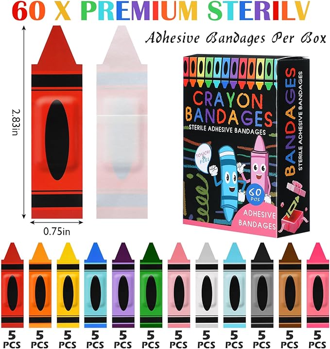 Geiserailie 60 Pcs Back to School Crayon Kids Bandages with Gift Box Self Adhesive Crayon Bandages for Minor Cuts Scrapes Fun First Aid Kit Graduation Gift First Day of School Classroom Party Supplies