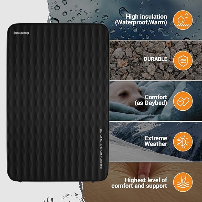KingCamp Self Inflating Sleeping Pad Double Camping Foam Mattress 3" Thick 11 R Value Luxury 3D Sides Air Camping Pad Queen, 79"x50.4",Black