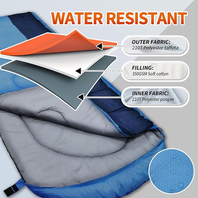 XL 10 Degree Sleeping Bags Waterproof for Adults 350GSM Machine Washable with Compression Sack for 3-4 Season Camping Outdoor