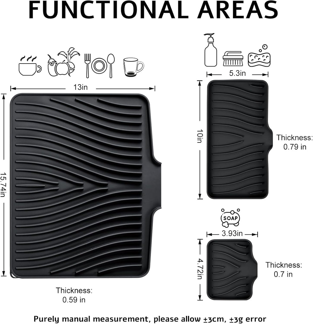 Silicone Dish Drying Mat for Kitchen Counter, Dish Drying Pad, Non-Slip Drain Pad with Built-in Drain, Heat Resistant Stone Drying Mat, 3 pcs (Black)