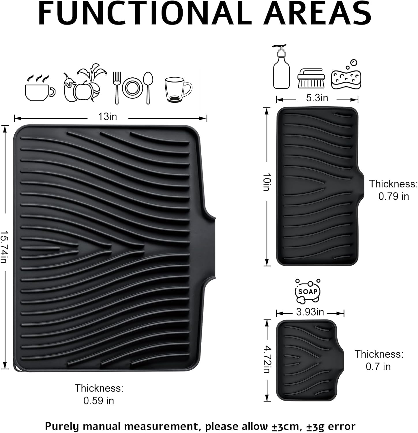 Silicone Dish Drying Mat for Kitchen Counter, Dish Drying Pad, Non-Slip Drain Pad with Built-in Drain, Heat Resistant Stone Drying Mat, 3 pcs (Black)