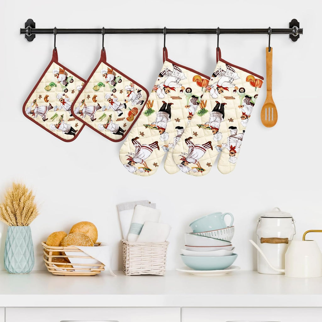 Chef Oven Mitts and Pot Holders Sets 4Pcs, 100% Cotton Heat Resistant, Extra Long Oven Gloves Potholder for Kitchen Cooking Baking Decoration