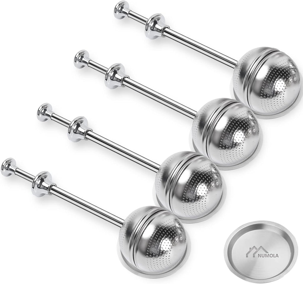Numola Long Handle Tea Ball Stainless Steel with Drip Trays, 4Pcs Premium Tea Infuser Filter for Loose Leaf Tea, Reusable Fine Mesh Tea Interval Diffuser Strainer for Cup and Teapot