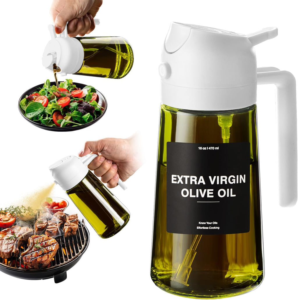CXINYI - 16oz/470ml Olive Oil Dispenser for Kitchen with Stickers - 2 in 1 Olive Oil Sprayer for Cooking, Air Fryer, and Salad, White (Light-Proof Kitchen Gadget)