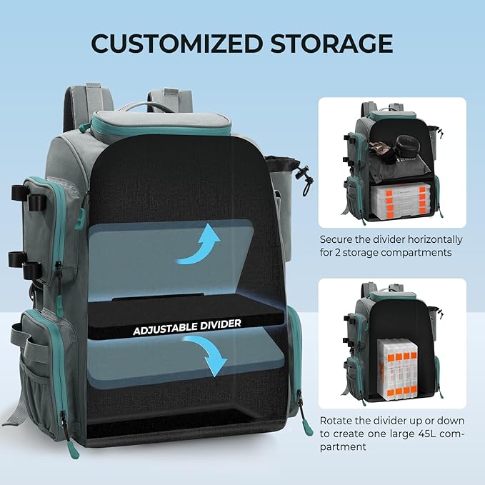 KastKing Bait Boss Fishing Tackle Backpack with Rod Holders-4 Tackle Boxes-Rain Cover,43L Large Storage for Fishing Gear