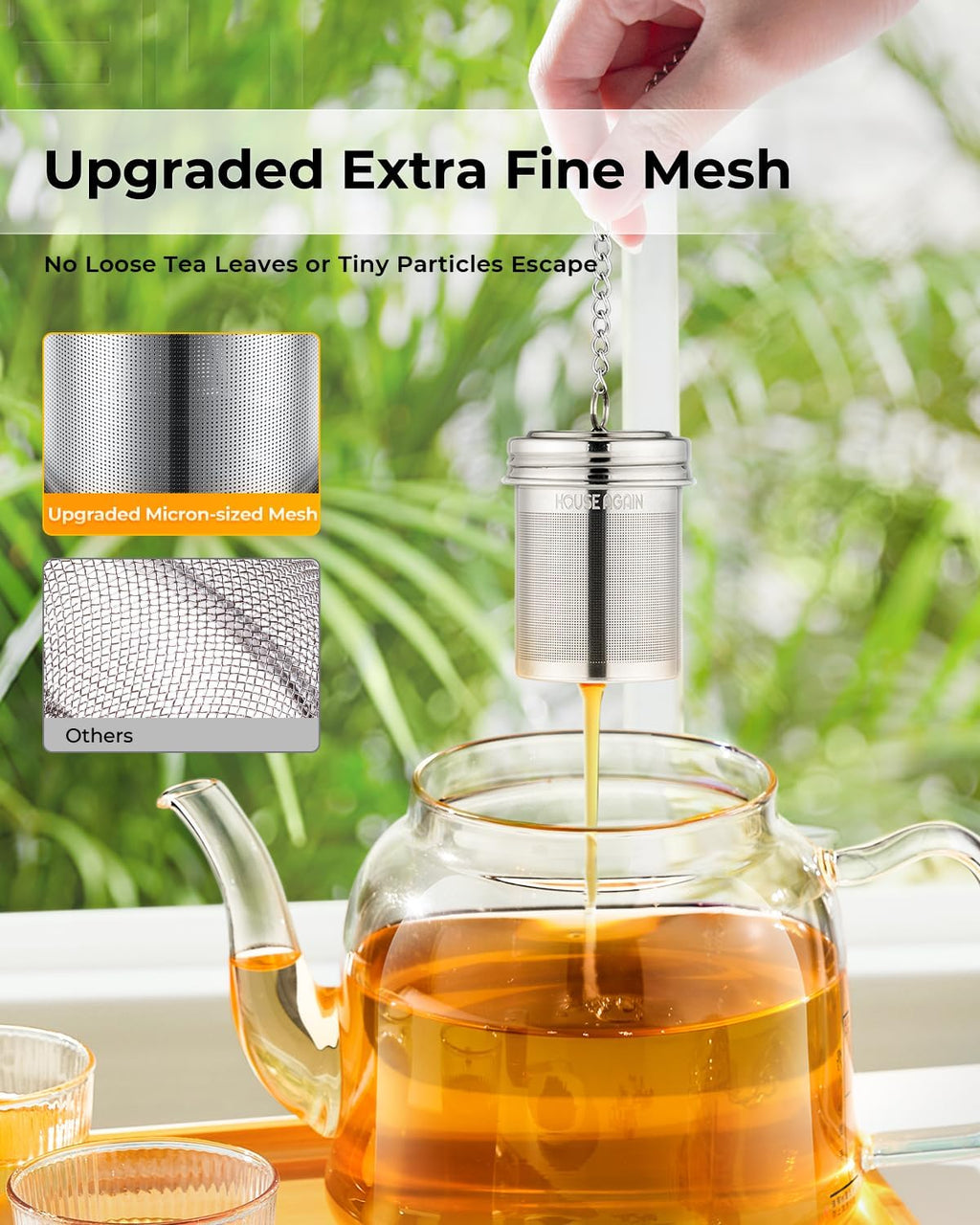 House Again Tea Infuser, Extra Fine Mesh Tea Strainers for Loose Tea, 18/8 Stainless Steel Tea Strainer with Extended Chain Hook, Tea Steeper for Brew Tea, Spices & Seasonings, for Single Cup
