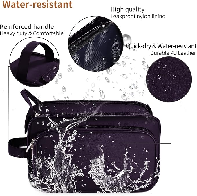 Buruis Extra Large Toiletry Bag for Men & Women, Travel Toiletry Organizer Dopp Kit Water-resistant Shaving Bags, PU Leather Cosmetic Bathroom Shower Bag for Toiletries, Accessories (Purple)