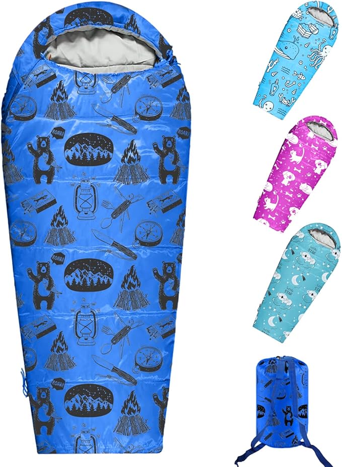 KidzAdventure Mummy Style 32 – 59F Kids Sleeping Bag with Pillow Sleeve, 4 Season, Lightweight and Backpacking Style, Ideal for Camping, Sleepover, Boys, Girls, Youth and Toddlers