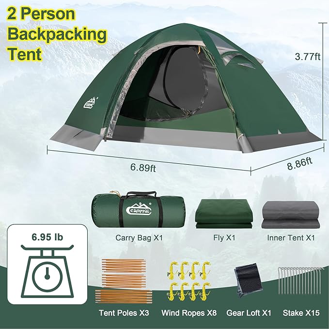 2 Person Backpacking Tent, Waterproof 4 Season Tent, Windproof Cold Weather Winter Tent for Camping, Hiking, Hunting, Cycling