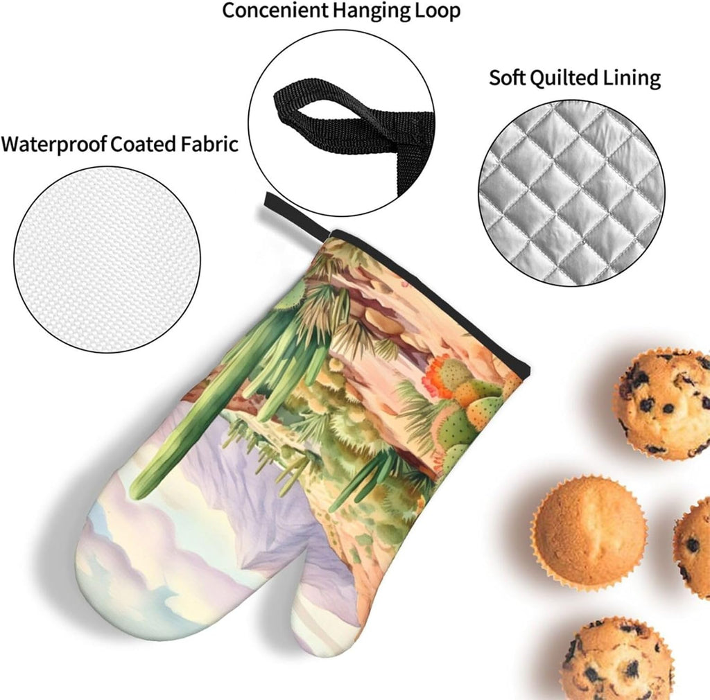 Desert Cactus Oven Mitts and Pot Holders Sets of 3 Heat Resistant Oven Gloves Hot Pads Non-Slip Kitchen Accessories for Baking Cooking Grilling BBQ