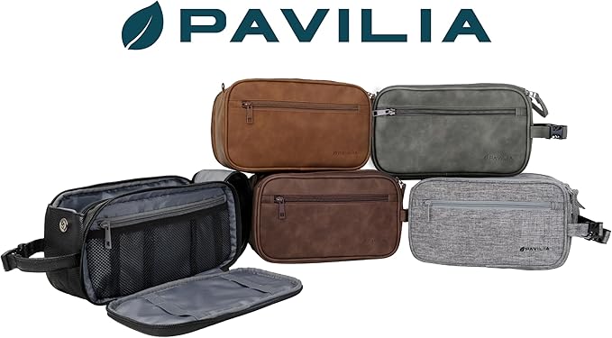 PAVILIA Toiletry Bag for Men, Travel Essentials Shaving Dopp Kit, Mens Travel Bag Toiletries Organizer Case for Grooming, PU Leather Water Resistant Cosmetic Bag Pouch (Dark Grey)