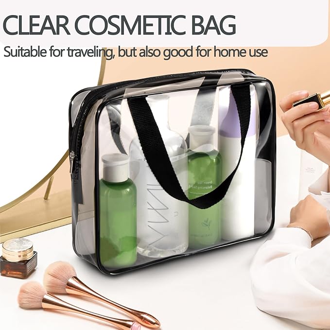 2Pcs Crystal Clear PVC Travel Toiletry Bag Kit for Women Men, Waterproof Vinyl Packing Organizer Storage Bags with Zipper Handle Straps, Cosmetic Pouch Carry on Airport Airline Compliant Bag Handbag