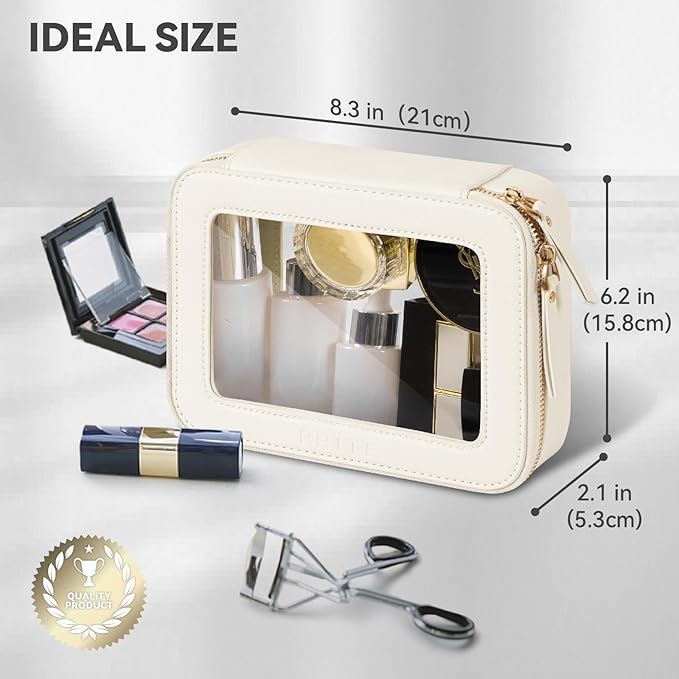 Prite Clear Makeup Bag Cosmetic Organizer Case Waterproof Travel Toiletry Bag Skincare Pouch with Golden Zipper(Beige)