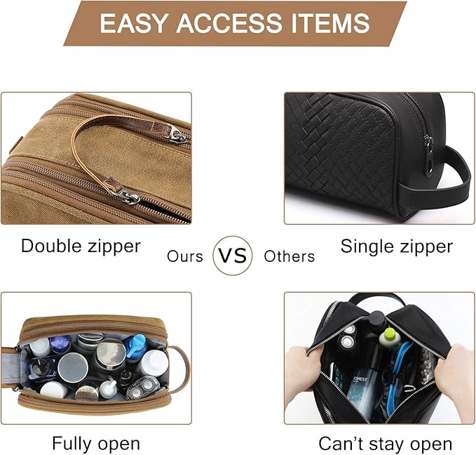 BAGSMART Toiletry Bag for Men, Canvas Travel Toiletry Organizer Dopp Kit Water-resistant Shaving Bag for Toiletries Accessories,Khaki-Medium