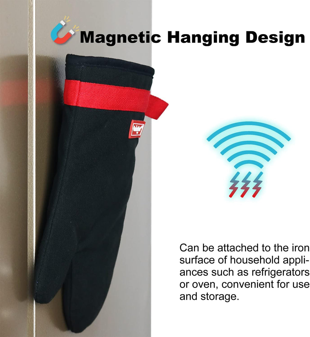Silicone Oven Mitts, Magnetic Oven Mitt Set, Cotton Oven Mits Heat Resistant, Anti-Slip Hot Mitts for Kitchen, Cooking, Baking, Grilling, Black