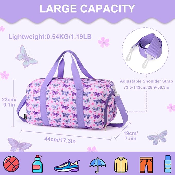 Girls Overnight Duffle Bag,RAVUO Cute Butterfly Kids Sport Gym Bag with Shoe Compartment, Carry On Weekender Travel Bag for Teens