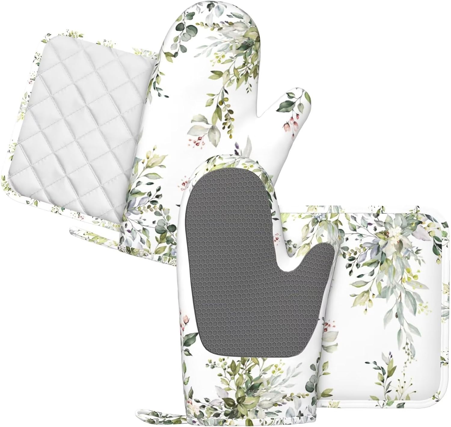 Sage Green Eucalyptus Oven Mitts and Pot Holders Sets Silicone Watercolor Butterfly Leaves Kitchen Mitts Potholders Heat Resistant 4Pcs Oven Gloves Hot Pads for Kitchen Baking Cooking